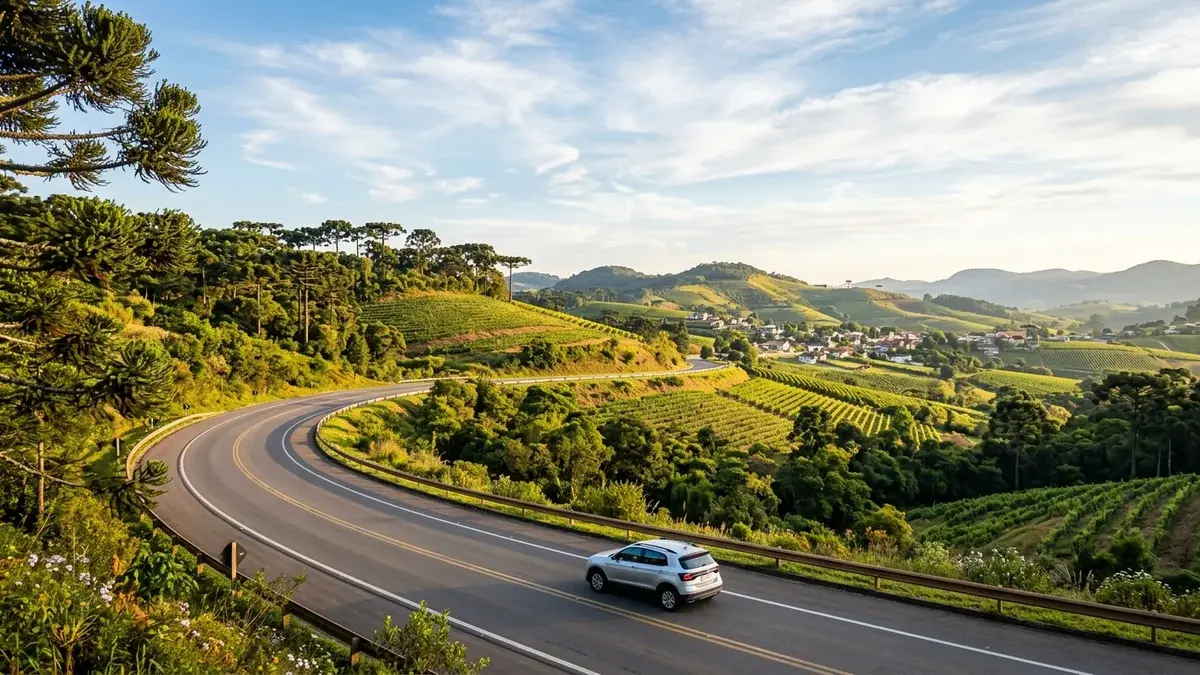 Estrada sinuosa em uma paisagem verde, em imagem ilustrativa.