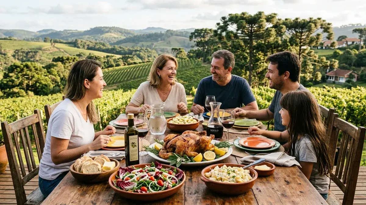 Família reunida ao redor de uma mesa com diferentes pratos de comida.