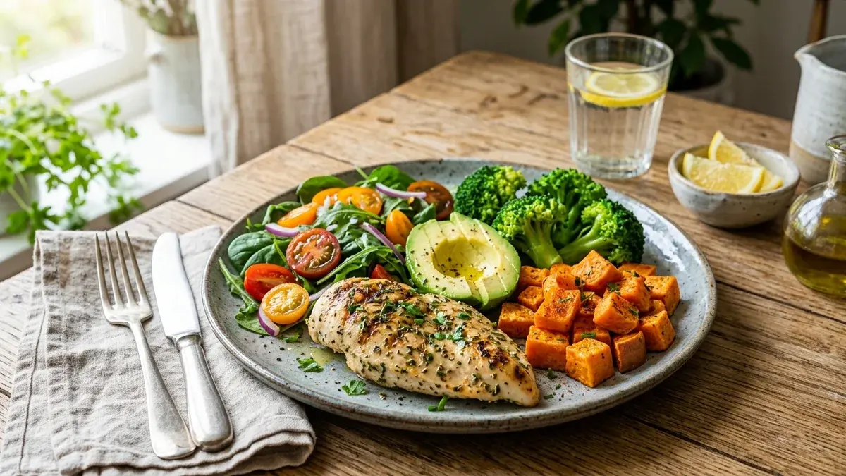 Prato com vegetais, arroz e uma fonte de proteína sobre a mesa.